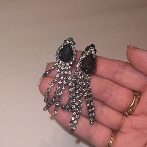 Black Rhinestone Clip On Earrings - Picture 2 of 6